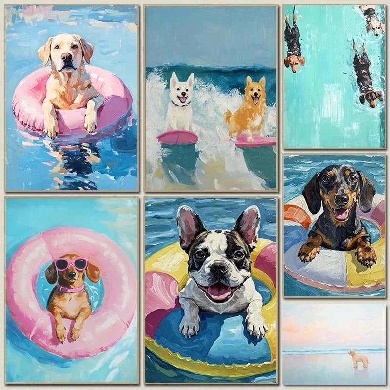 Fun Seaside Animal Surfing Pool Party Art Poster Diamond Oil Painting Printing Living Room Bedroom Bathroom Home Wall Decorati