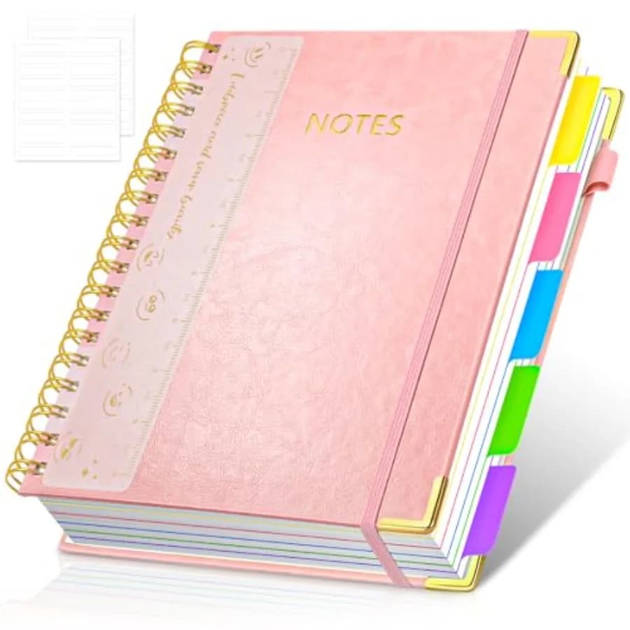 Hardcover Spiral Notebook Journal, 8"x10" Large B5 Notebooks with Removable Dividers Tabs, 300 Pages Leather 5 Subject Notebook