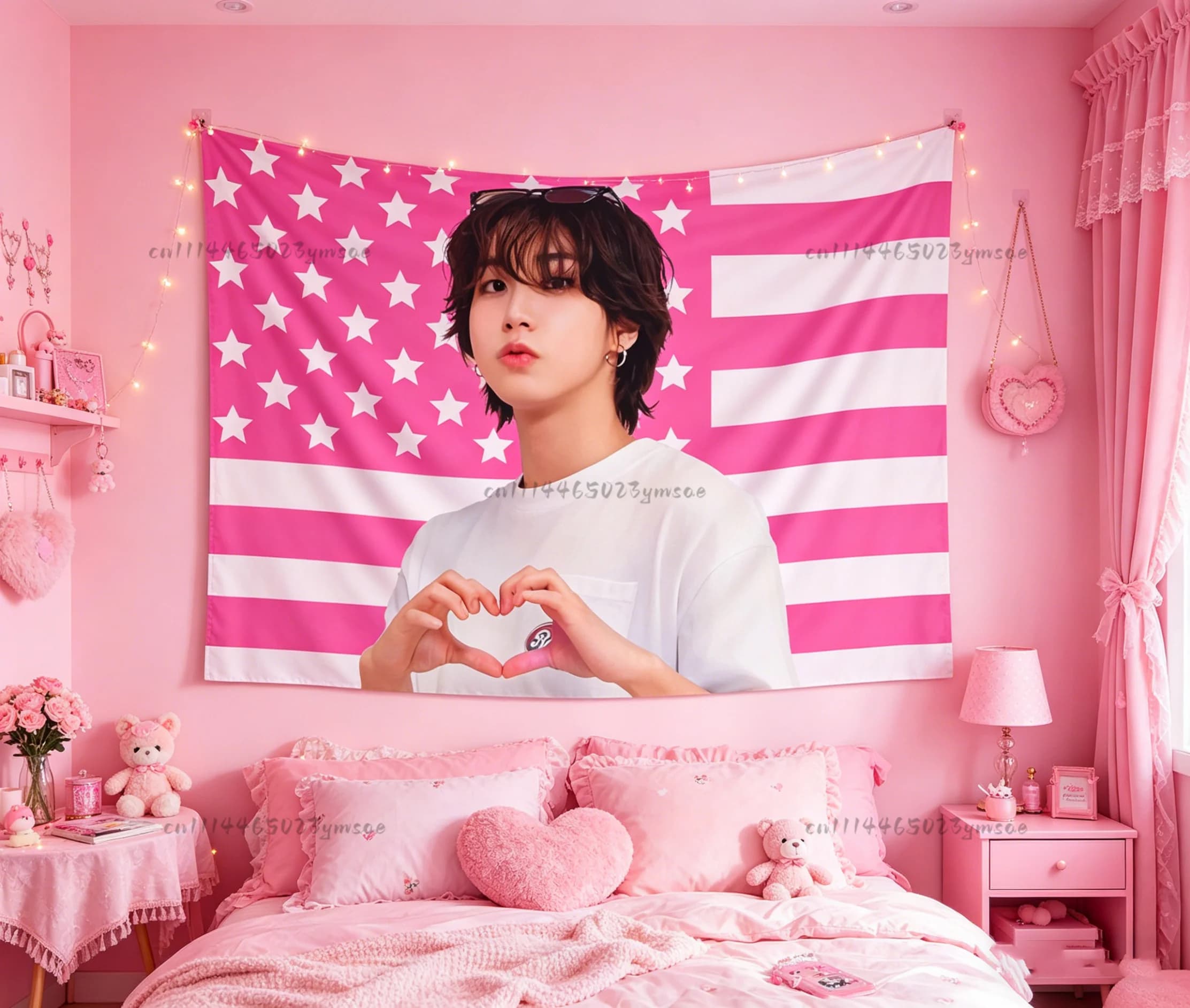 Funny Tapestry SSKZ Han Finger Heart Pink American Flag Aesthetic Bedroom Dorm Background Cloth Wall Tapestries Room Home Decor