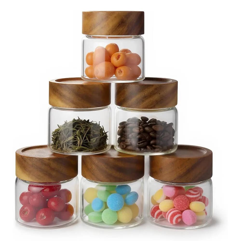 Barattoli Ermetici in Vetro da 6oz con Coperchi in Legno di Acacia, Contenitori per Preparazione Pasti, Conservazione Snack e Organizzazione Dispensa