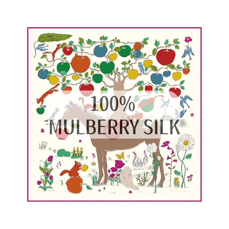 100% MULBERRY SILK Square Scarf 70cm Hand Drawn Cartoon Horse Fruit Tree Print Neck Wrap Headscarf Bag Decor Ladies Present