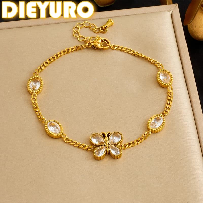 DIEYURO Acciaio inossidabile 316L Farfalla dorata Splicing Zircone Ovale Acqua Diamante Bracciale di lusso Lady Classica catena a mano Gioielli
