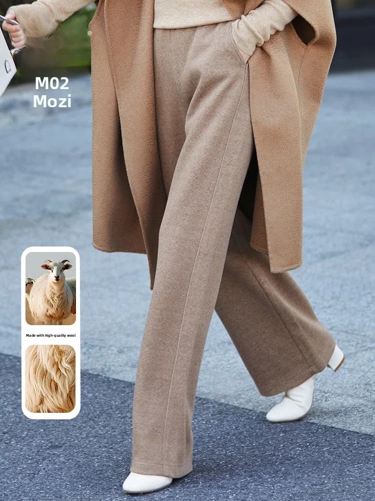 Midlife Women's Fashion Wool Wide Leg Pants Elastic Loose Fit Long Trousers for Mom Autumn Winter Spring High Waist Loose Jeans