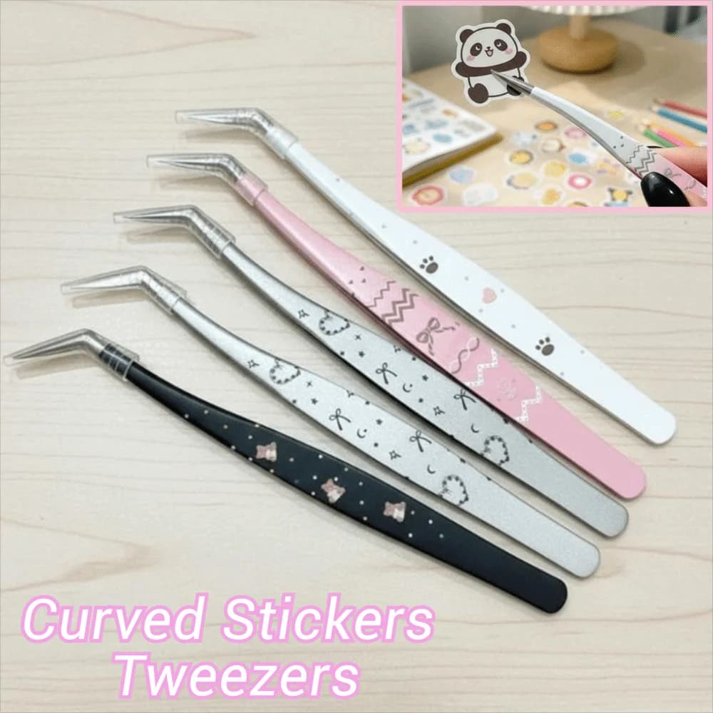 Stainless Steel Curved Stickers Tweezers High Precision Cartoon Lashes Extension Tweezer Anti-static False Eyelash Tweezers
