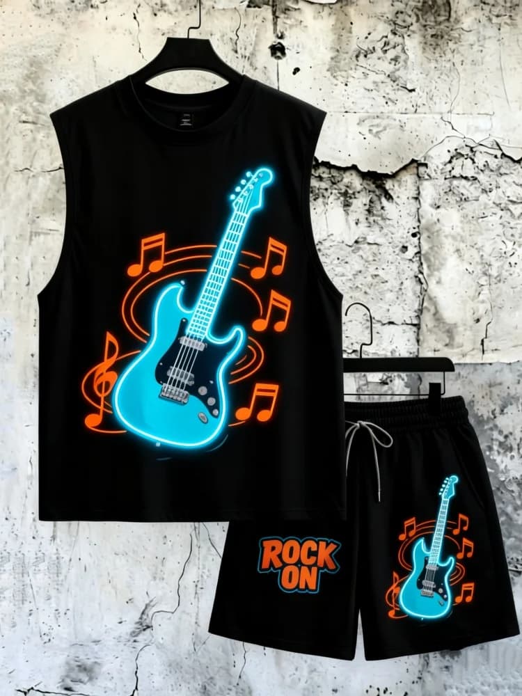 Completo da uomo in 2 pezzi, canotta e pantaloncini dal taglio ampio, senza maniche, con stampa musicale a tema chitarra "Rock On", set streetwear confortevole