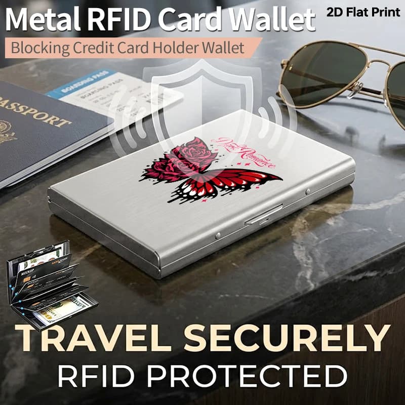 Portafoglio in Metallo Sottile Minimalista con Blocco RFID, Design Gotico Rosa Rossa e Farfalla, Porta Carte Pop-Up Estetico, per Uomo e Donna, Anti-Furto