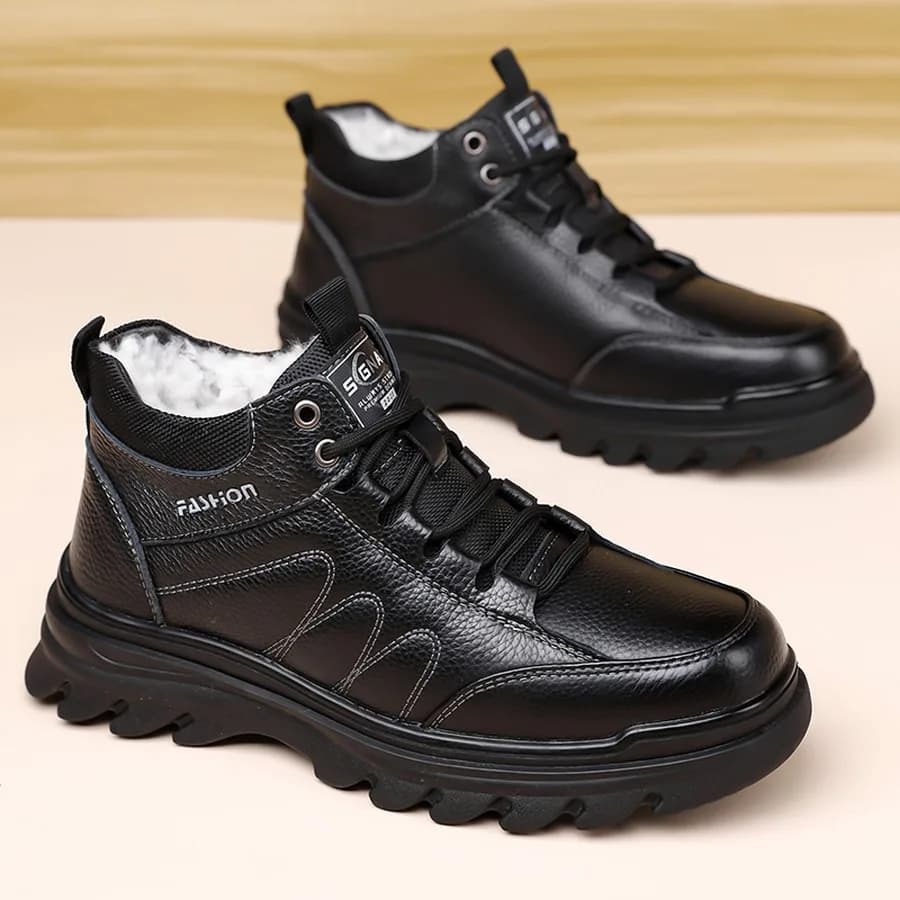 Men's Winter Fleece-Lined Lace-Up Ankle Boots, Retro Round Toe, Padded Casual Outdoor Hiking Shoes