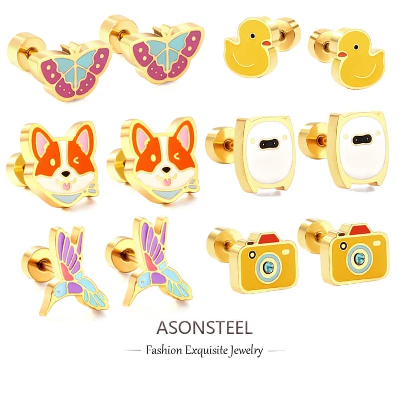 ASONSTEEL Cartoon Animal Stud Earrings Butterfly Duck Stainless Steel Piercing Gold Color For Women Earring Jewelry Party Bijoux
