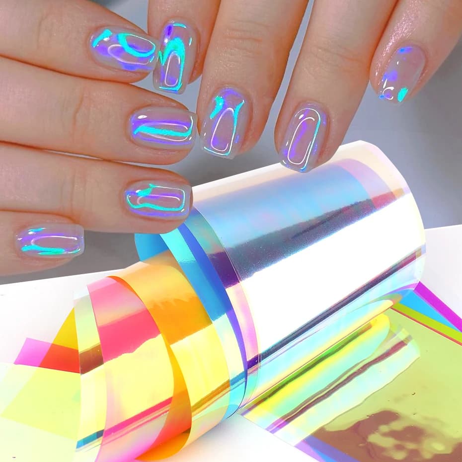 8 pz Olografica Aurora Pellicola Per Unghie Lamine di Vetro Sparkly Cubo di Ghiaccio Trasferimento di Carta Cellophane Cursori Copertura Completa Avvolge Manicure Decor