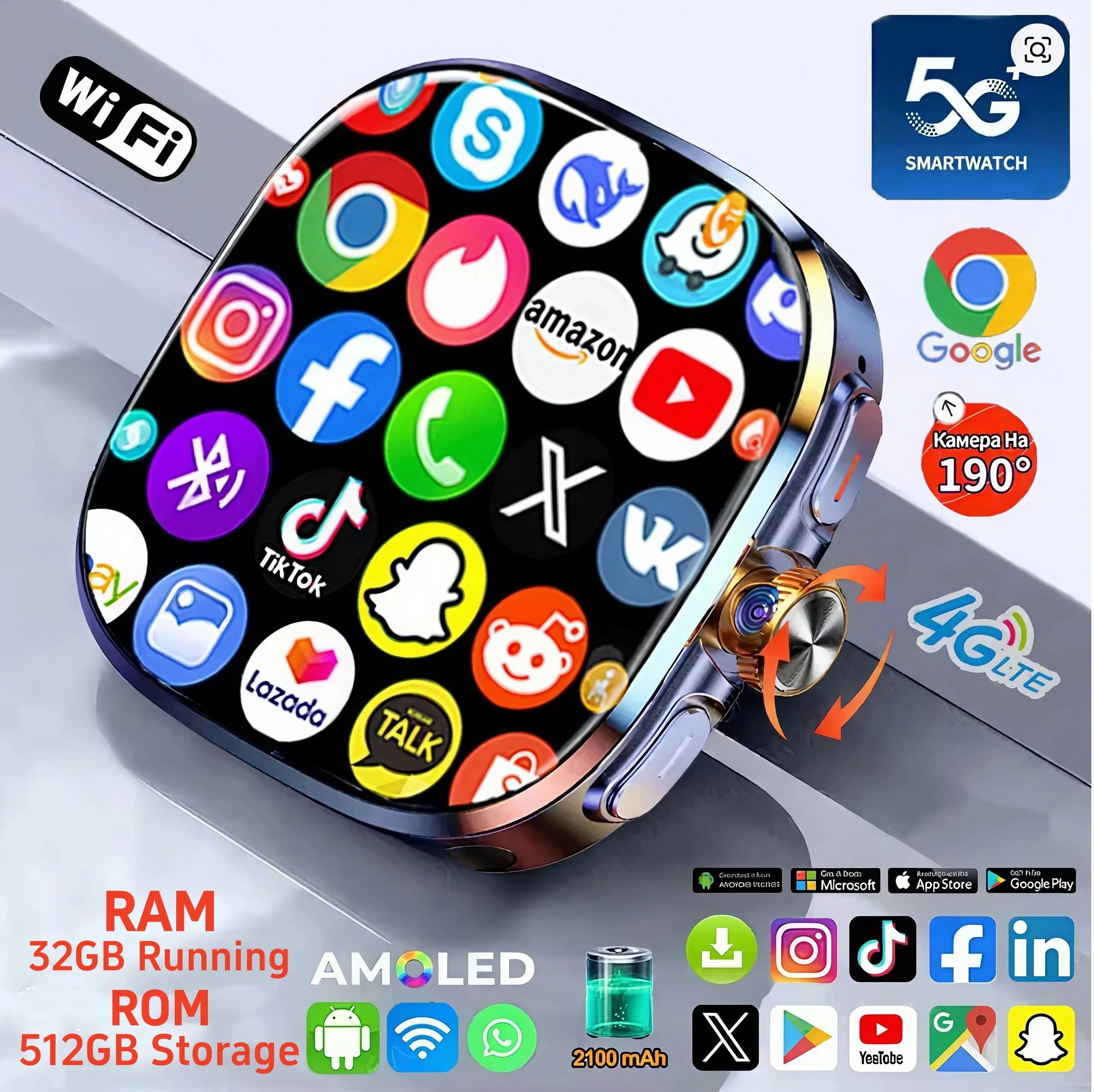 Smartwatch Android 10.0 5G/4G con 32GB+512GB, Display AMOLED da 2.4 Pollici, Batteria da 2100mAh, Fotocamera da 900W, GPS, WIFI e App Google Scaricabili