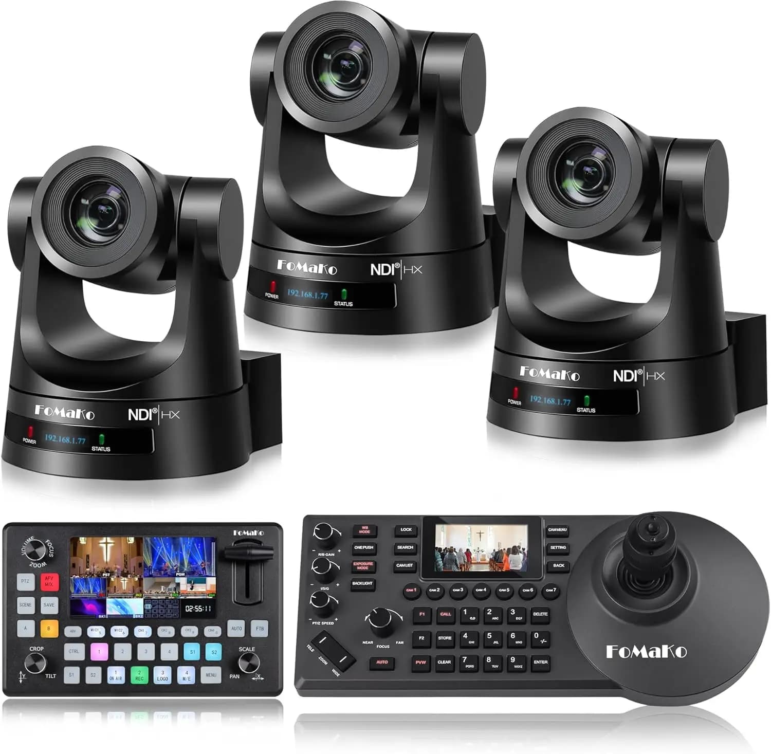 FoMaKo NDI 6 Telecamera Zoom ottico 30X Telecamera NDI PTZ HDMI (3 pezzi) + KC601 Pro Mixer video Switcher + Controller PTZ KC608 Pro
