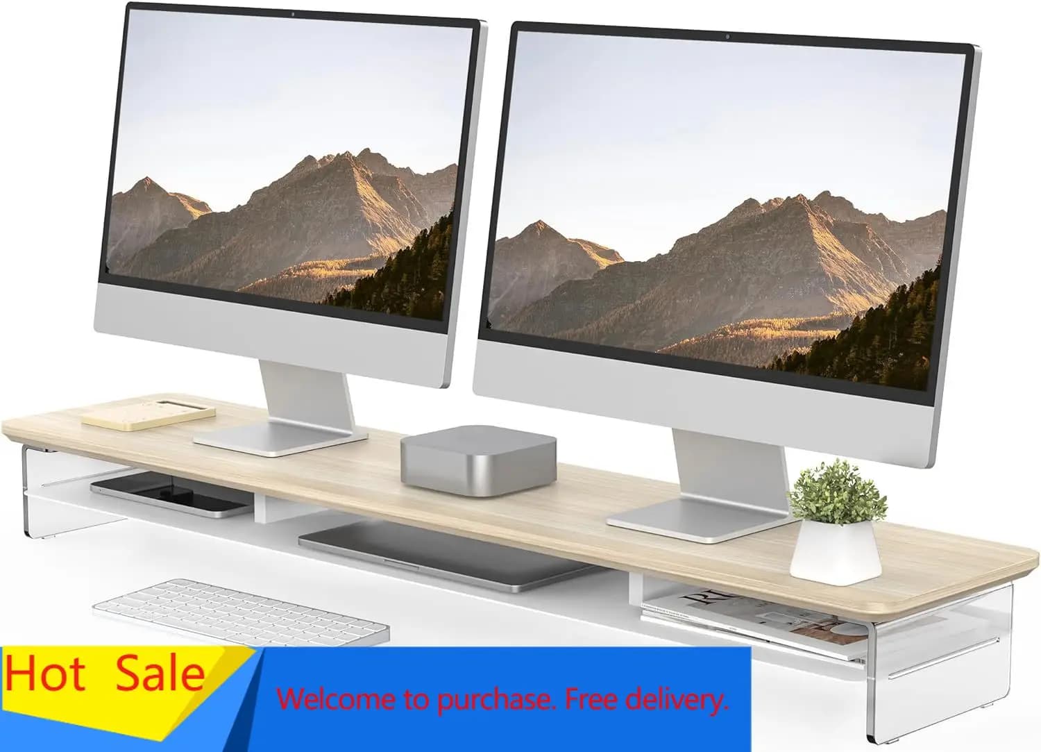 Acrylic Monitor Stand Riser, 42.5 Inches Dual Monitor Stand with Metal Storage, 2 Tier Acrylic Computer Riser for Desk, Clear La
