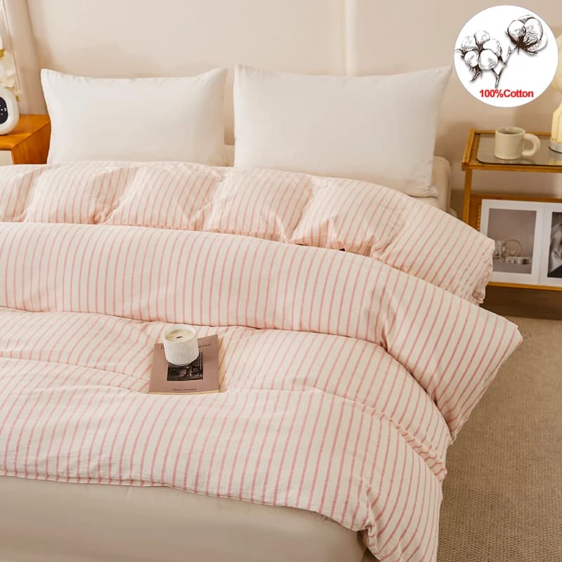 100% Cotton Washed Cotton Duvet Cover 1Piece, Pink Striped Yarn-Dyed Comforter Cover with Zipper Closure,Soft Breathable Bedding