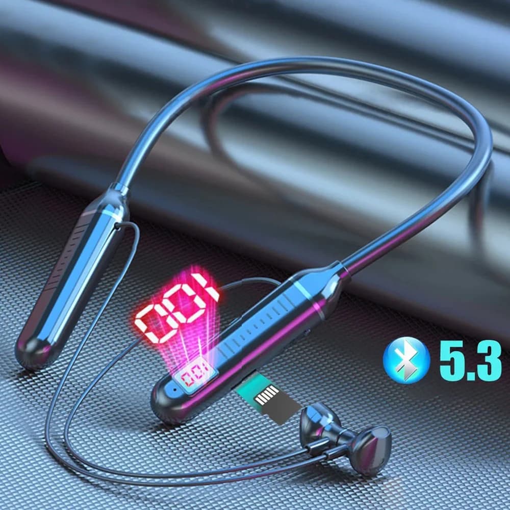 Sports Headphones with Neck Headset Bluetooth Battery Display LED Play Microphone Wireless Stereo HIFI Headphones TWS Support TF Cards