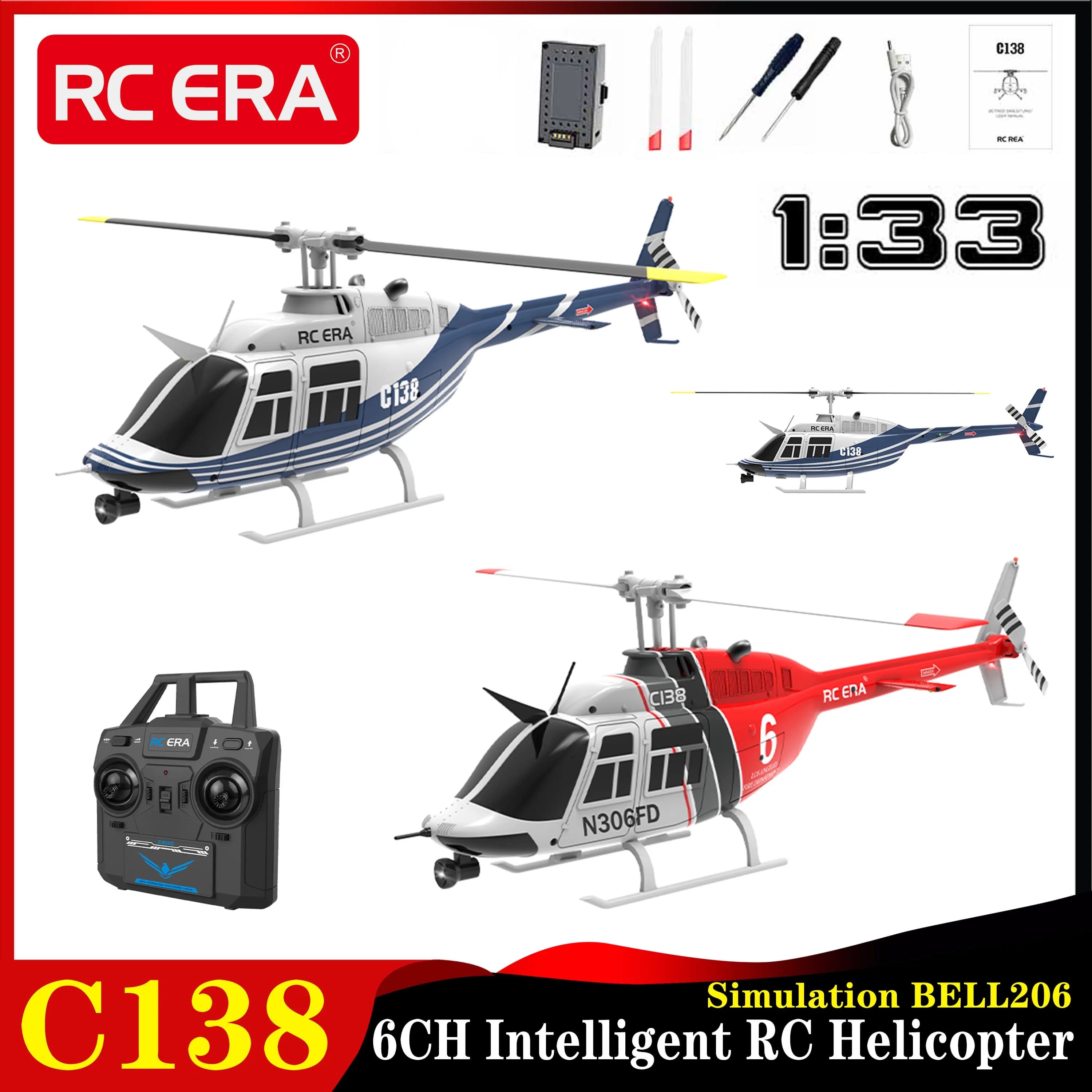 RC ERA C138 1:33 Bell 206 RC Elicottero Giroscopio a 6 assi Stabilizzato Mantenimento dell'altitudine 2.4G 6CH Simulazione Modello di aereo Giocattoli per adulti