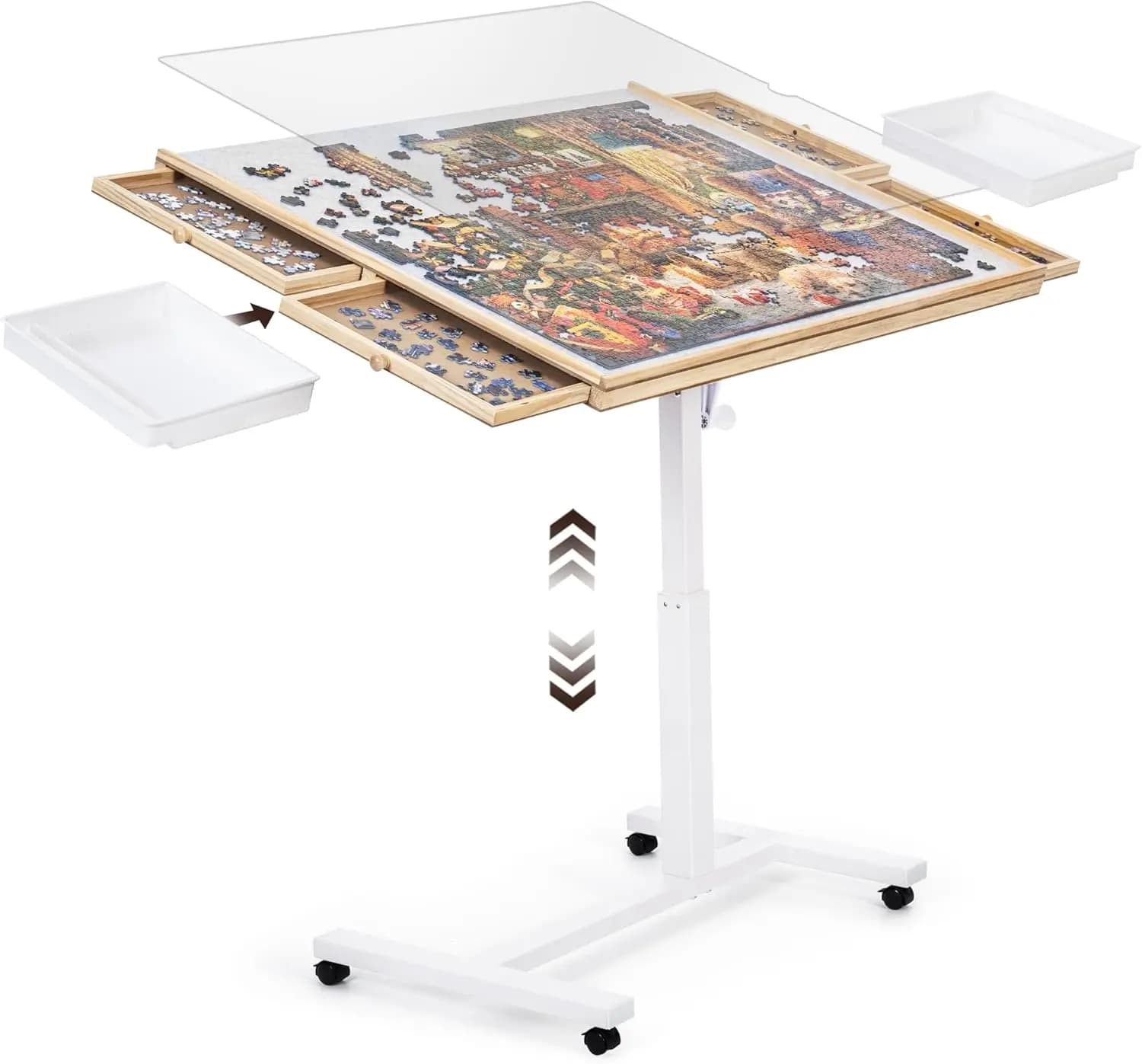 Tavolo per Puzzle da 1500 Pezzi con Angolo e Altezza Regolabili, 6 Cassetti, Copertura e Ruote