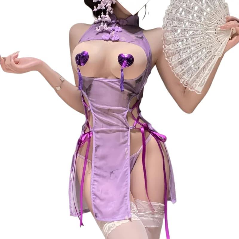 Exposed Flirtatious Backless Sexy Chinese Style Purple Cheongsam High Slit Tie Lace Up Sexy Lingerie Hot Seductive Uniform Skirt
