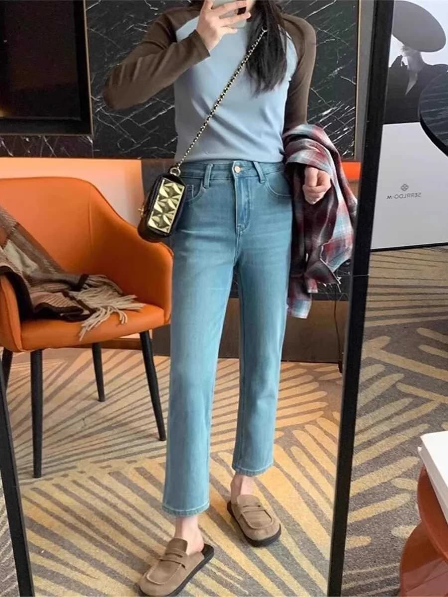 High Waist Straight Leg Jeans Women's Slim Fit Elastic Light Blue Casual Wear Resistant Cotton Stretch Denim Nine Points Pants