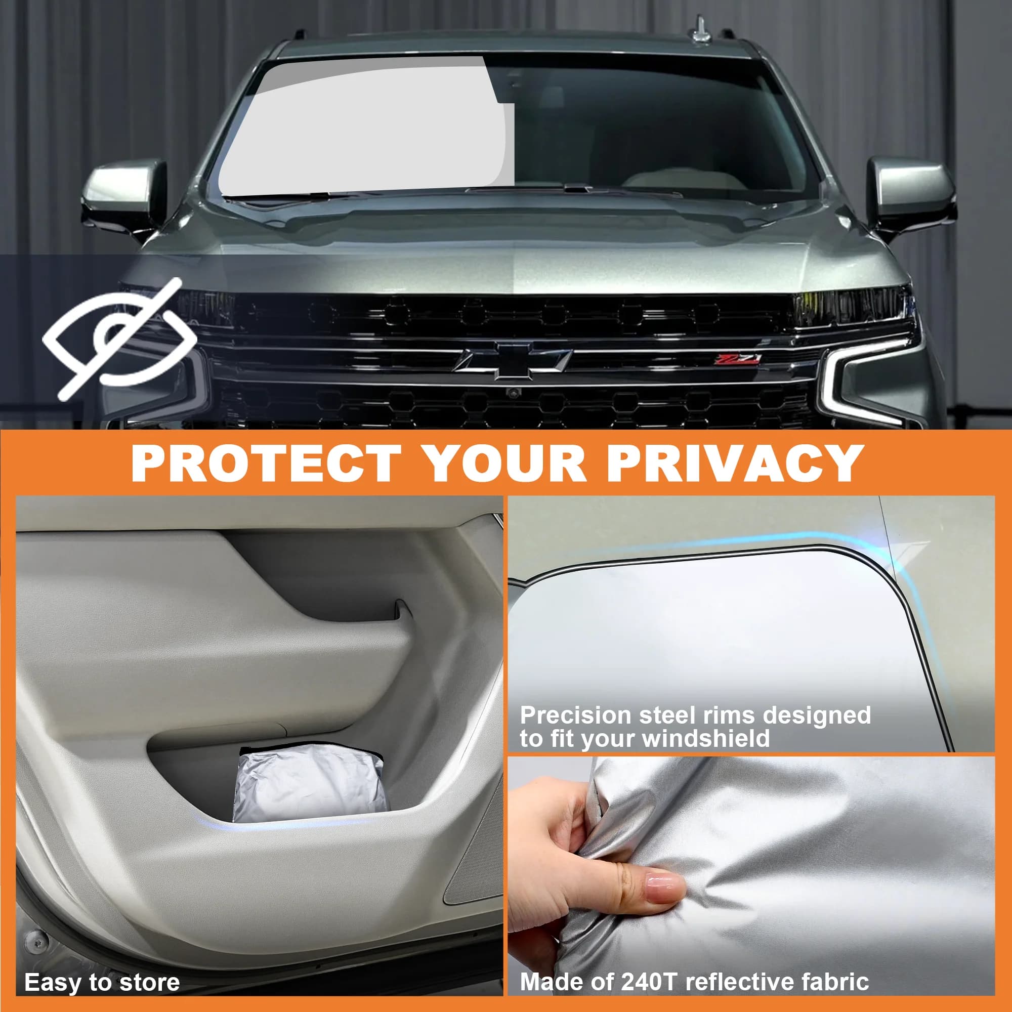 Parasole per Parabrezza Chevy Tahoe 2021-2024, Accessori Chevy Tahoe, Protezione Pieghevole per Finestrini Anteriori