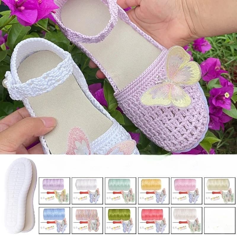 1 Set Gancio intrecciato a mano Suola in gomma Fondo Anti-calcio Linea cava Farfalla fai da te Sandali estivi per ragazze Scarpe fai da te Materiale all'uncinetto