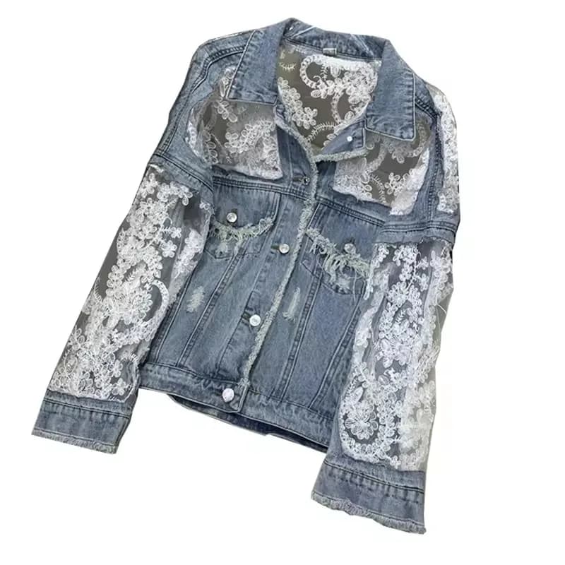 Autumn Streetwear Fashion Embroidery Lace Patchwork Sexy Denim Jacket Women's Wear Tassel Loose Denim Jacket