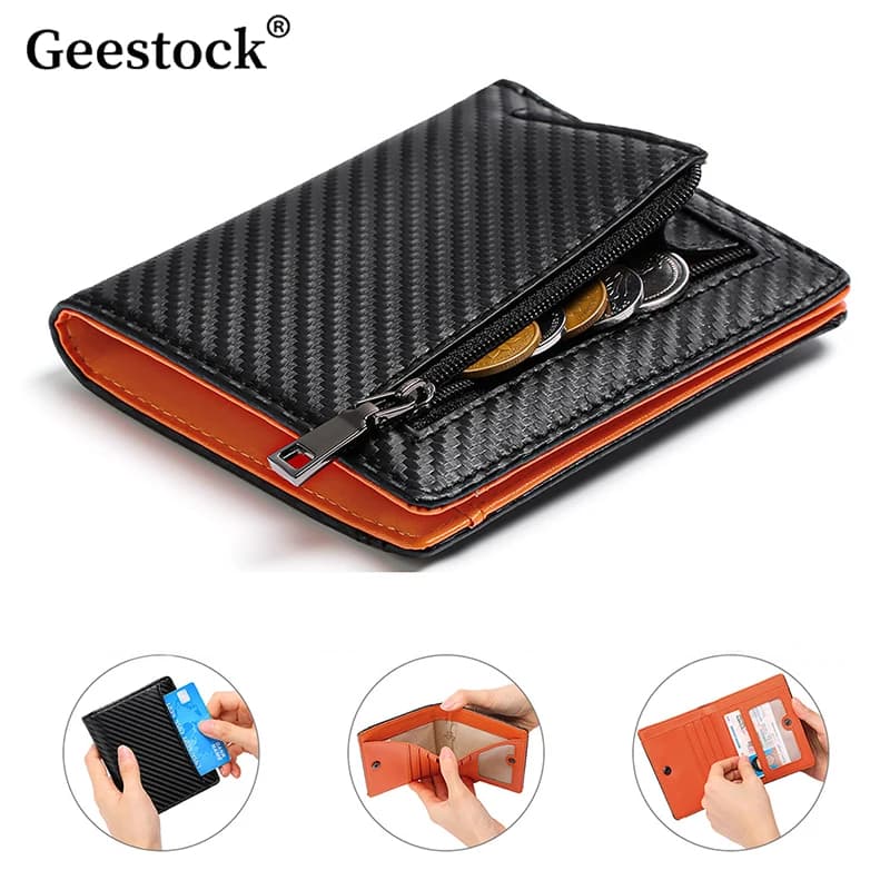 Geestock Portafoglio corto da uomo in fibra di carbonio Rfid Portamonete pieghevole semplice in pelle PU Portafoglio con spazzola antifurto Clip porta carte