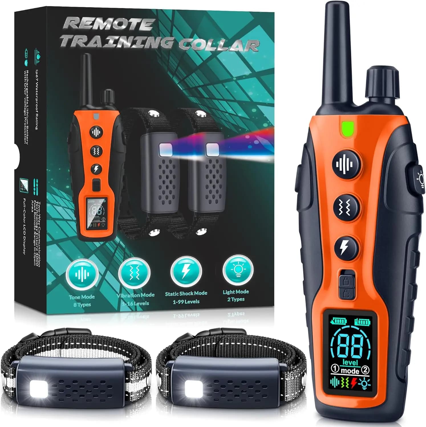 Collare Elettrico per 2 Cani, 15-150 libbre, con Luce Notturna, Regolabile Bip/Vibrazione/Scossa Sicura, Blocco Tastiera