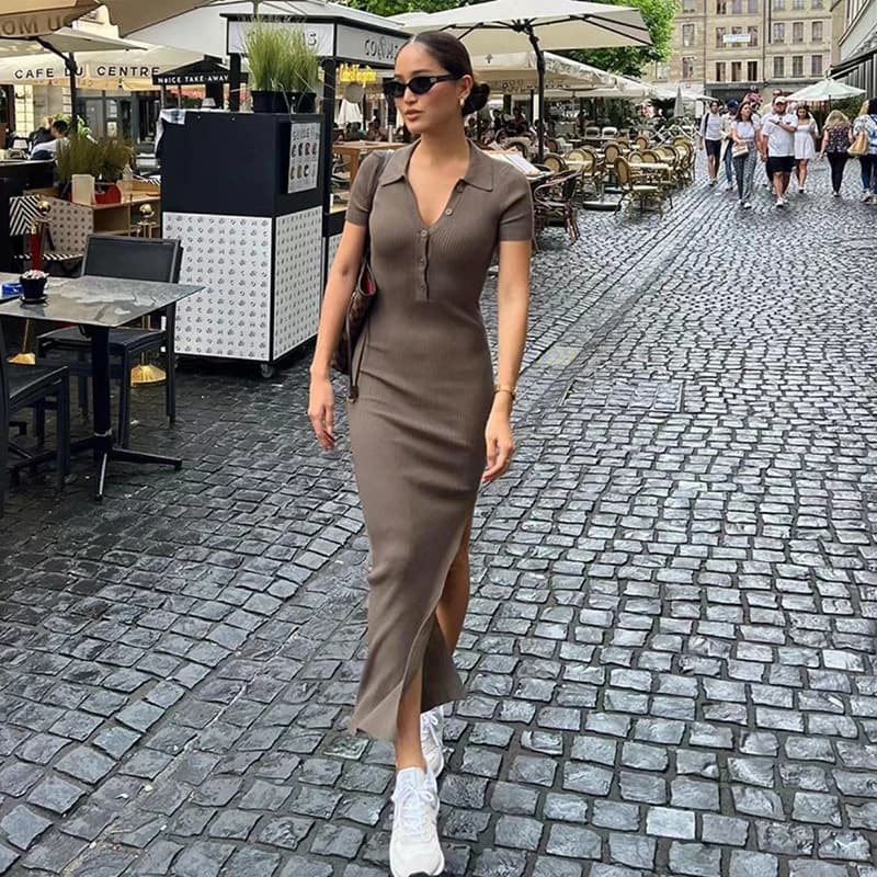 Abito Lungo Marrone Stile Street con Spacco, Vestito da Donna alla Moda con Colletto Rovesciato, Lunghezza alla Caviglia, Abito Slim da Ufficio Estivo 2026