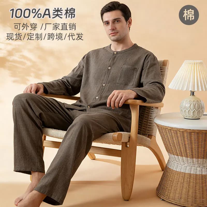 Sleepwear Summer Pajama Man Pajamas Set Man's Pure Cotton Knitted Long-sleeved Cardigan Cotton Home Wear Long Pants Set