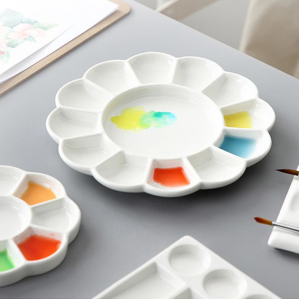 9/13/14-Well Porcelain Watercolor Paint Ceramic Palette,Mixing Palette Tray Watercolor Dish Gouache for Arts Painting Supplies