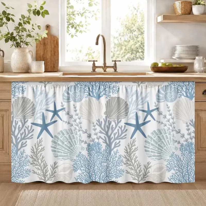 VIKAMA Nautical Blue Sea Shell Pattern Hook and Loop Under Sink Skirt No Drill Multiscene Cabinet Curtain Beach Home Decor Cover