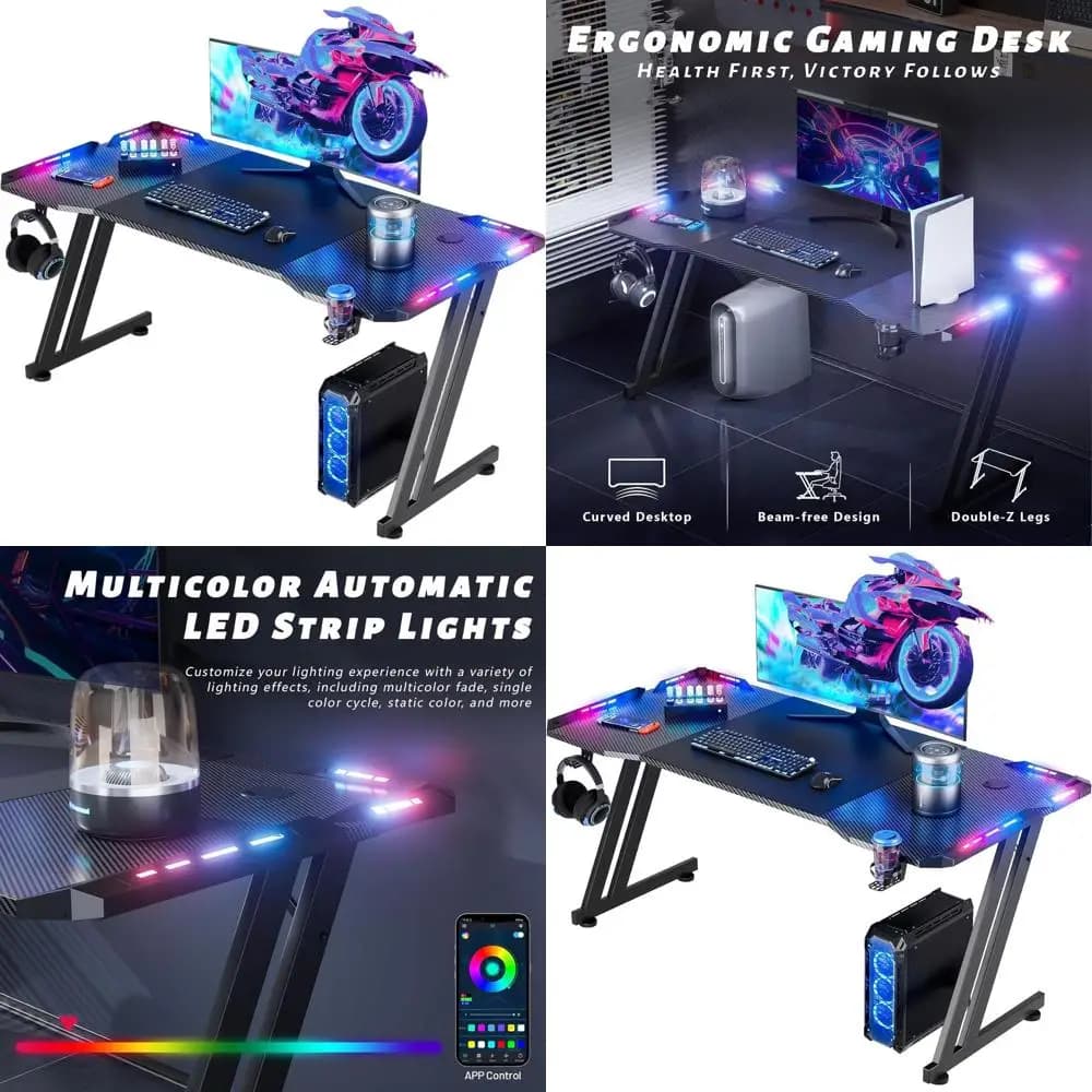 Grande Scrivania da Gaming RGB LED 47 con Portabicchieri, Scrivania Ergonomica in Fibra di Carbonio per Casa e Ufficio, Nera