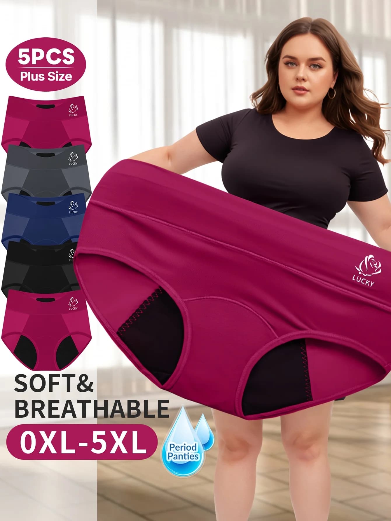 Confezione da 5 biancheria intima di grandi dimensioni, biancheria intima grassa, biancheria intima mestruale da donna, slip, periodo mestruale a prova di perdite, rete traspirante