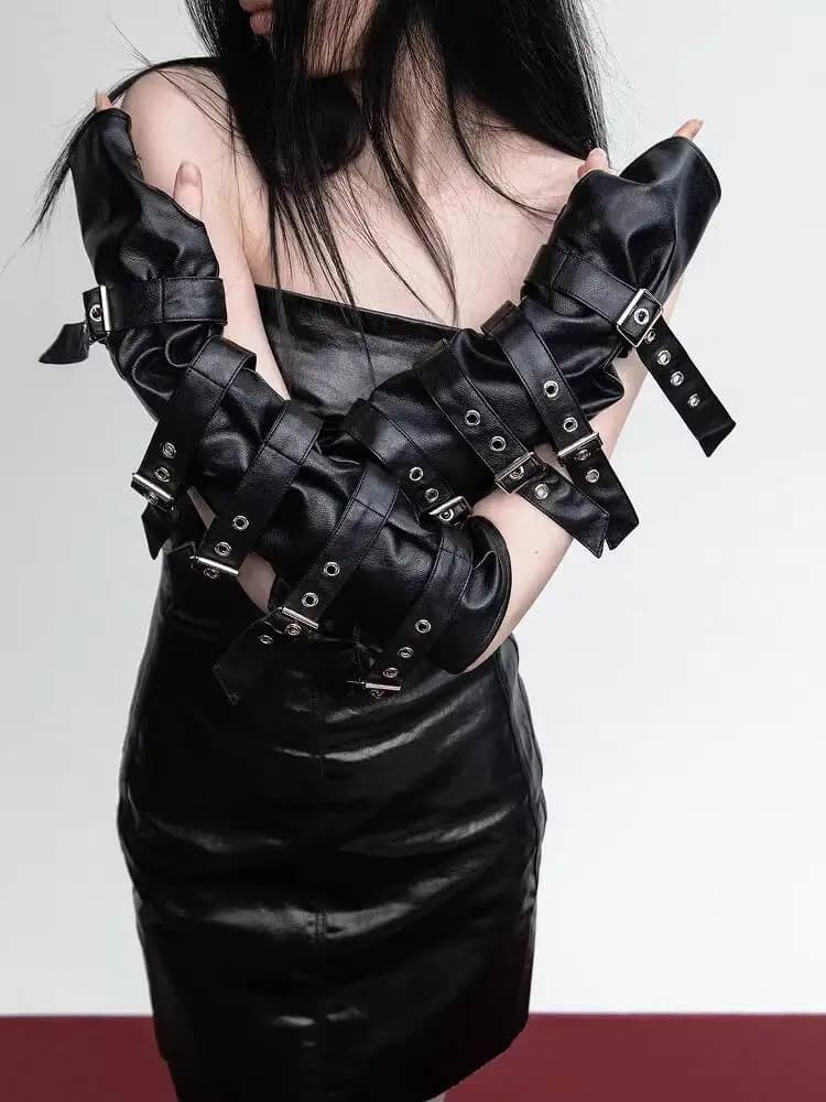 Y Demo Scaldamani da Donna Neri in Ecopelle con Cinghie Multi-Fibbia, Guanti Senza Dita Stile Gotico Punk per Cosplay e Feste