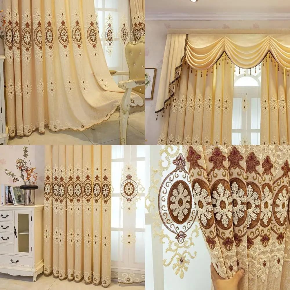 Luxury beige jacquard embroidered curtains, cable style, 2 panels set, 52x84 per bedroom and living room