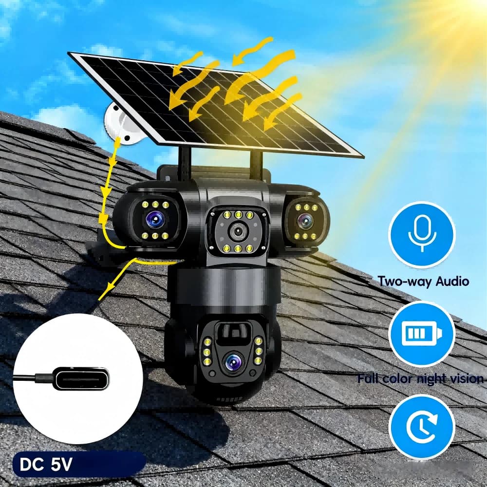3-Lens Solar Security Camera with Triple Live Views, 6K 360° Coverage, 4G/WiFi Wireless, Outdoor Plug&Play, No Blind Spots