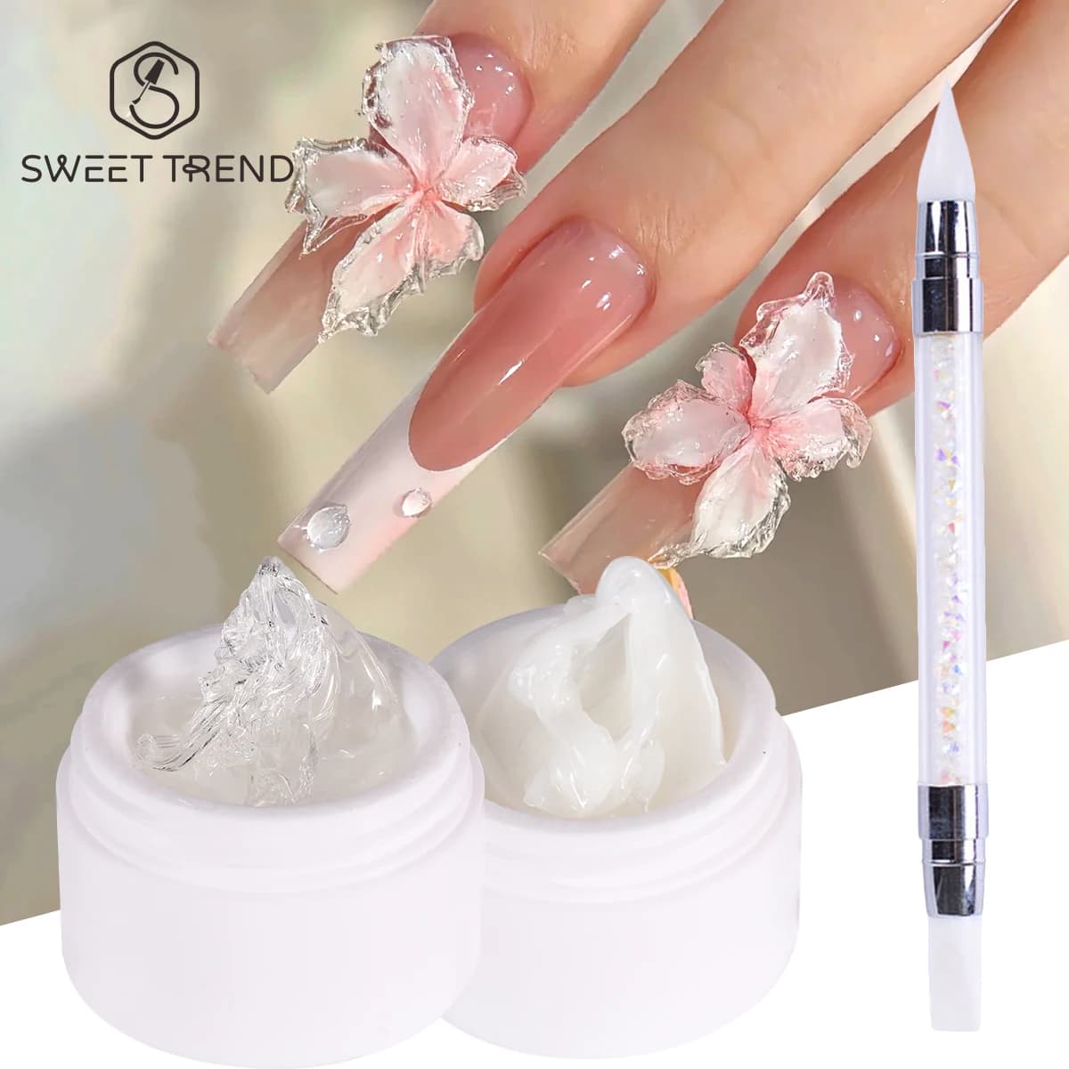 Gel per Estensione Unghie Non Appiccicoso da 15ml con Penna Modellante in Silicone, Gel Solido Trasparente Rosa per Scultura e Decorazione Floreale, Strumenti per Manicure