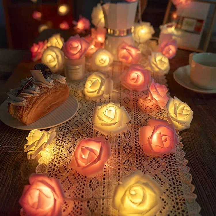 Catena Luminosa a Forma di Rosa con 20 LED 3M, Alimentata a Batteria, per Decorazioni Esterne, Matrimoni, Feste, Festa della Mamma, Ramadan, Camera da Letto