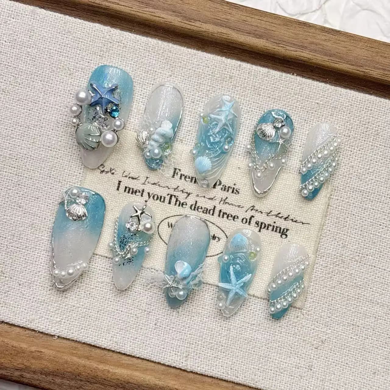 10Pcs Handmade Nails Blue Ocean Shells and Jellyfish—Heavy-Duty Light-Luxury Press-On Nails—Perfect As A Gift for Girls