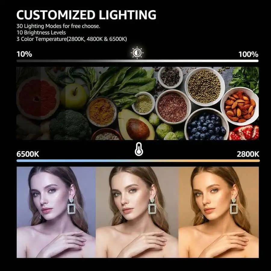 Adjustable LED Video Light Kit With Tripod Stand And Phone Holder, 2800K-6500K Dimmable Studio Lighting For Smartphone DSLR