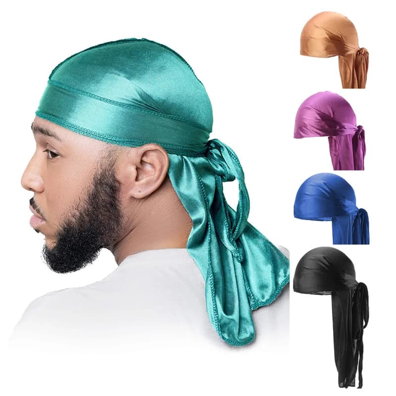 Durag a coda lunga, sciarpa setosa, Doo Rag musulmano, cappello da pirata, turbante, berretto per chemioterapia, cappello a teschio, fascia per capelli, bandane - 18 colori tra cui scegliere