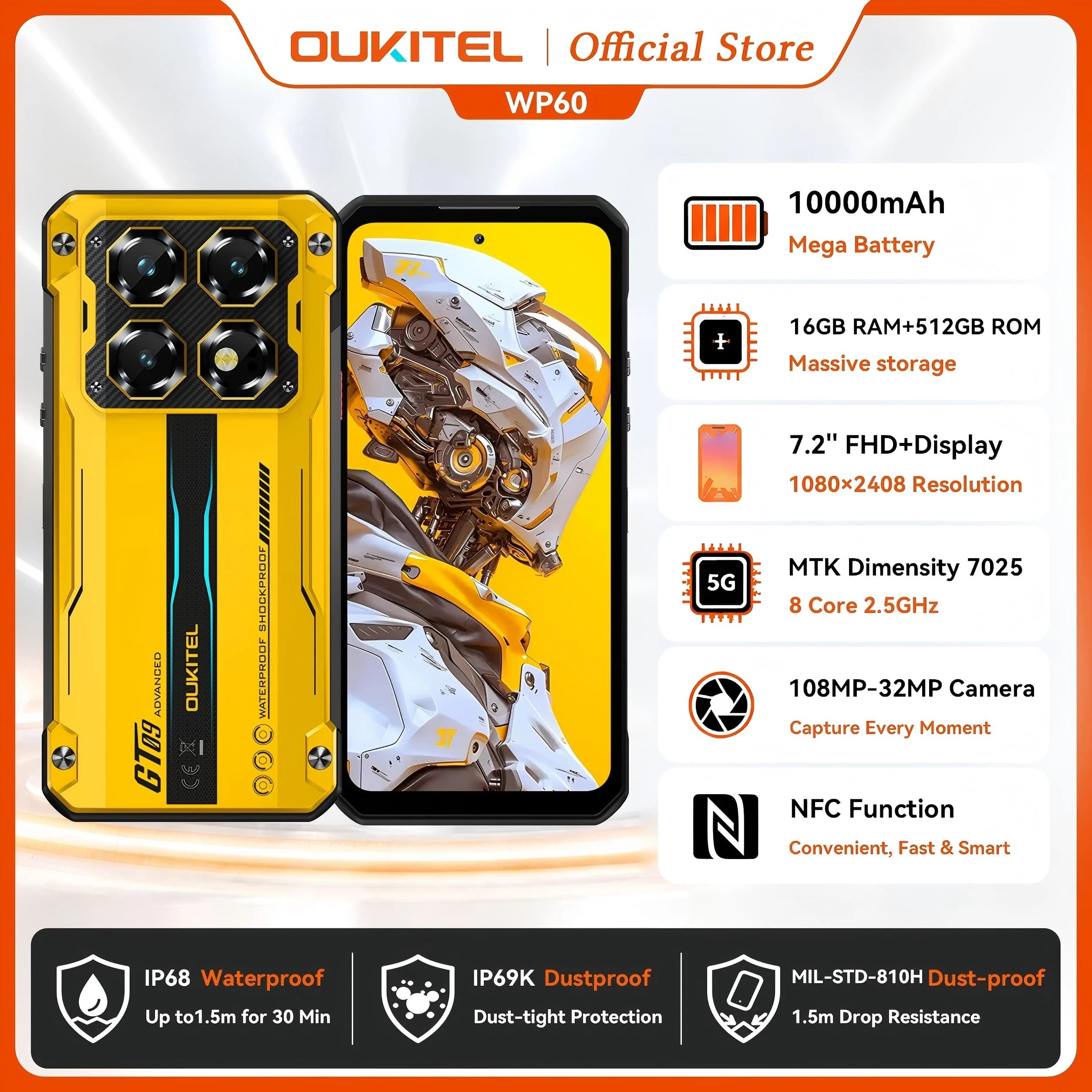OUKITEL WP60 5G NFC Smartphone 10000mAh 48GB(16+32) + 512GB, MTK 7025 Android 15 Telefono robusto, fotocamera 108MP, 120Hz