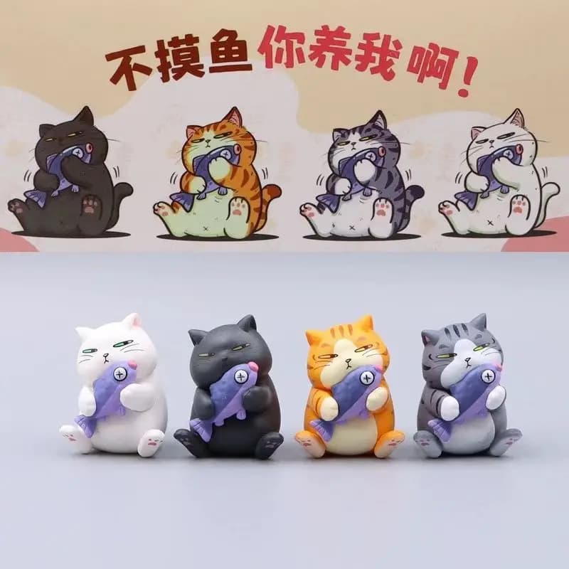 Nuovo Set di 4 Figurine Gatto Pescatore in Scatola Misteriosa, Miniature Carine da 5cm, Modellini Anime Kwaii, Ornamenti da Scrivania, Regali di Natale