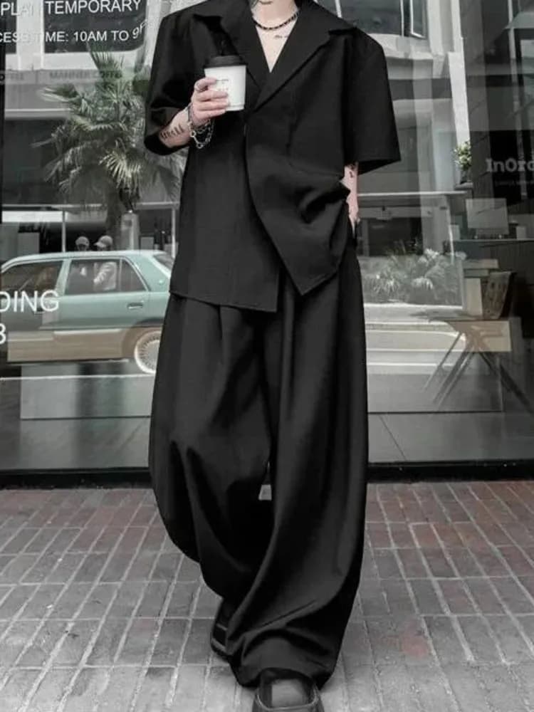 New Black Summer Men's Suit Two Pieces Sets Notched Collar Loose Short Sleeve Shirt And Casual Wide Leg Pants OXYC