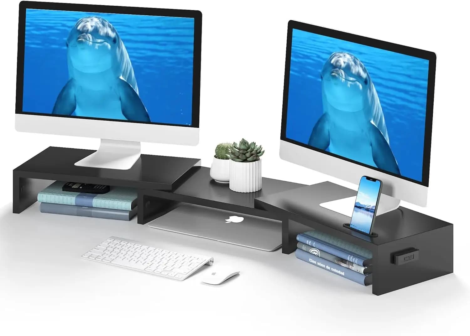 Supporto Regolabile per Doppio Monitor con Porta Telefono, Organizzatore Ergonomico da Scrivania in Legno, Ampio Spazio di Archiviazione, Nero