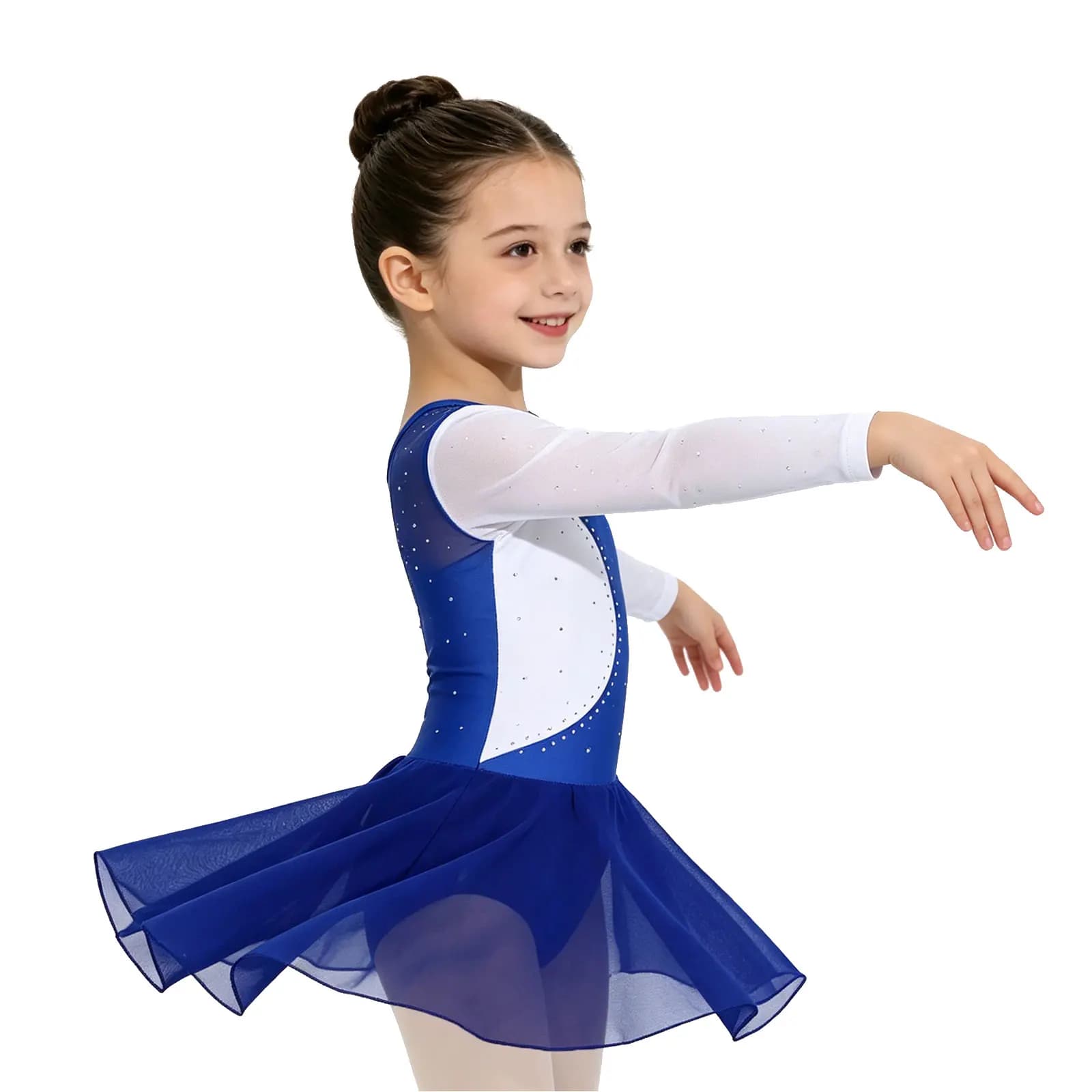 Costume da Pattinaggio Artistico per Bambine, Abito a Maniche Lunghe con Strass e Rete, Slip Integrato per Danza Classica, Lirica e Moderna