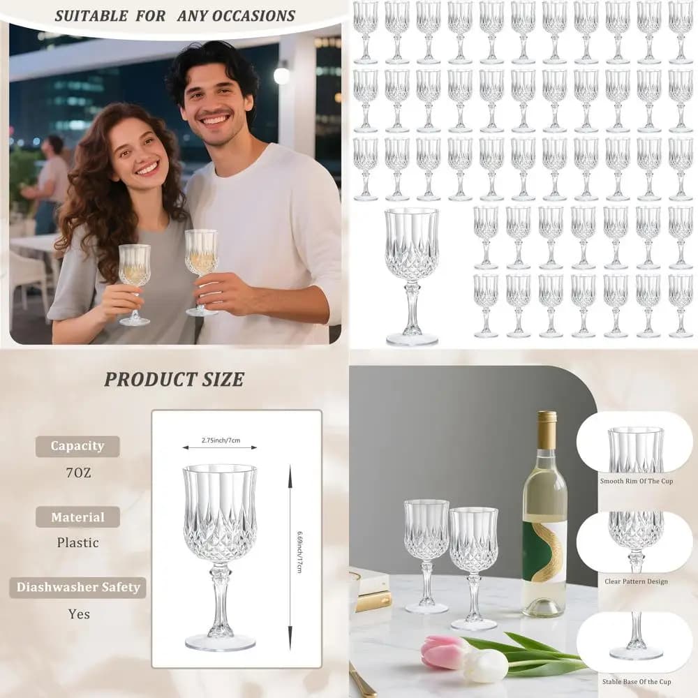 Bicchieri da Vino in Plastica Trasparente da 7 Oz, Calici Monouso, Coppe Vintage in Cristallo Infrangibili per Champagne, Matrimoni e Feste