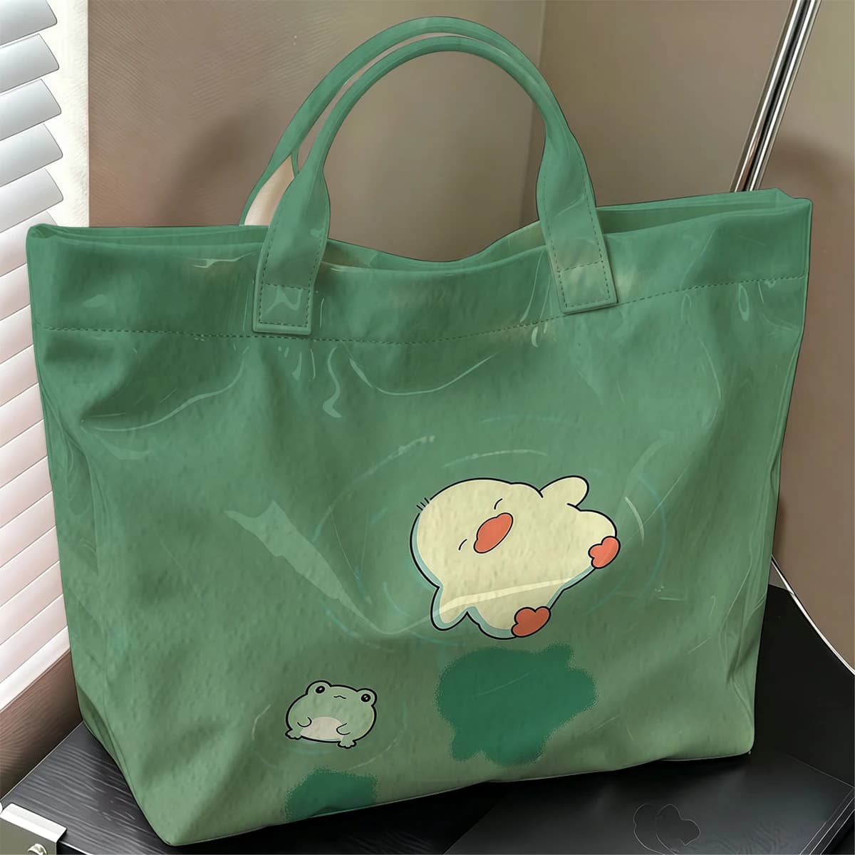 Turquoise Pals Fashion Large Glossy PVC Tote Bag Hand Washable Waterproof Perfect Travel Commute Cosmetic Storage Shopper