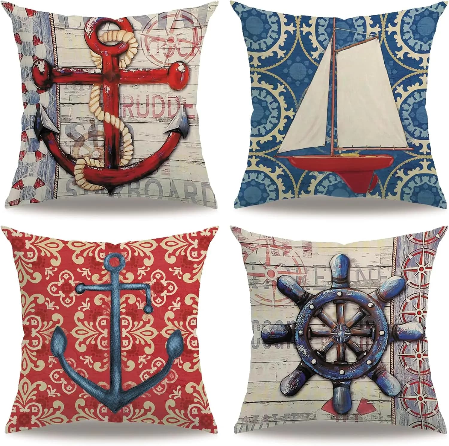 Nautical Throw Pillow Covers Set 4PCS Ship Anchor Boat Wheel Decor Pillow Cases for Living Room Bedroom Coastal Sea Style Home A