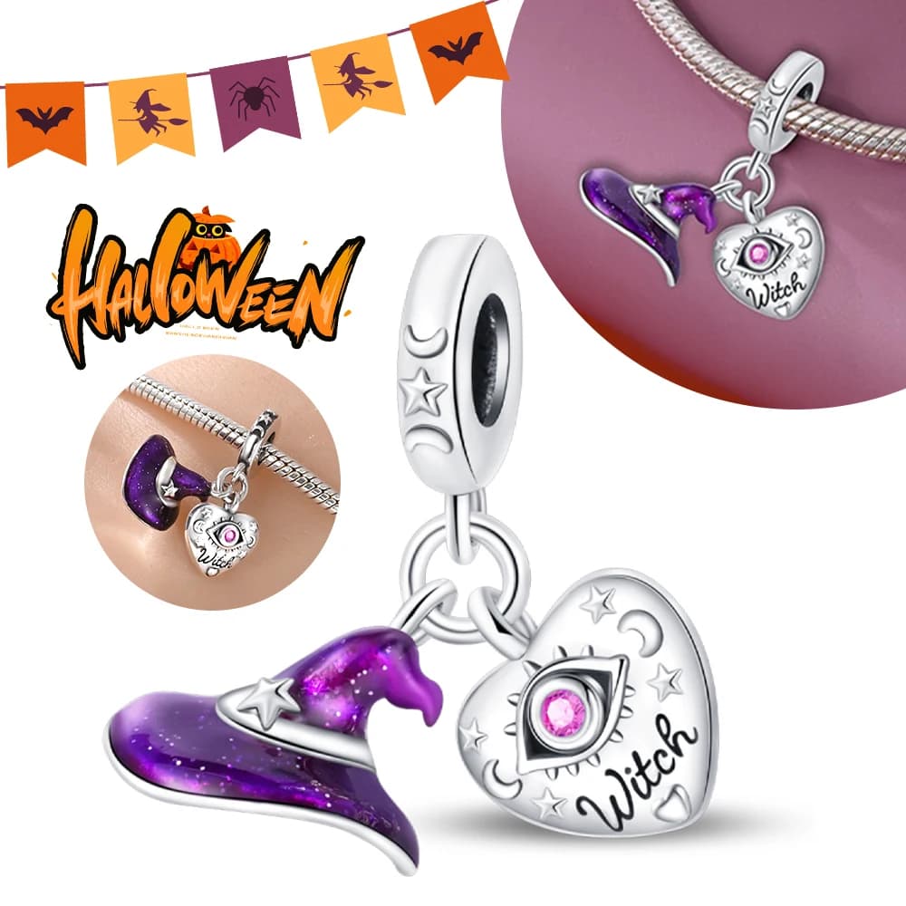 Halloween Party 925 Sterling Silver Purple Witch Magic Hat Pendant Beads Fit Charms DIY Bracelet For Jewelry Making Women Gift